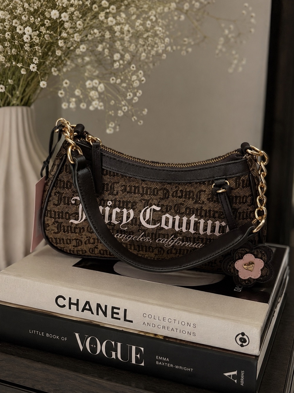 NWT Juicy Couture Brown Logo Jacquard Shoulder Bag Charm